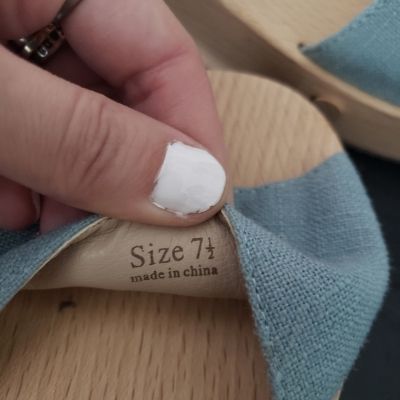 Sedette Sandal Co. Women's 7.5 Wooden Clog Sandals Blue Linen Straps Boho - Picture 10 of 11